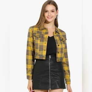 Allegra K Women Button Front Plaid Crop Jacket Western/Biker Sz Small Yellow I18